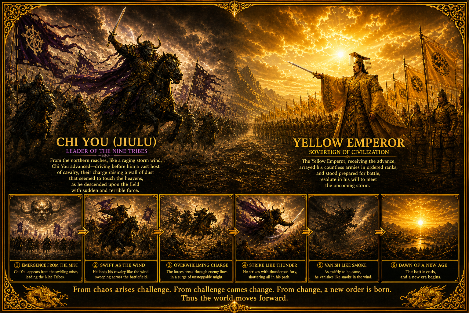 An epic portrayal of the legendary clash between Chi You mythic battles and Yellow Emperor. From the storm of the northern tribes to the rise of ordered civilization, this scene captures a moment where chaos meets command—and a new age begins.