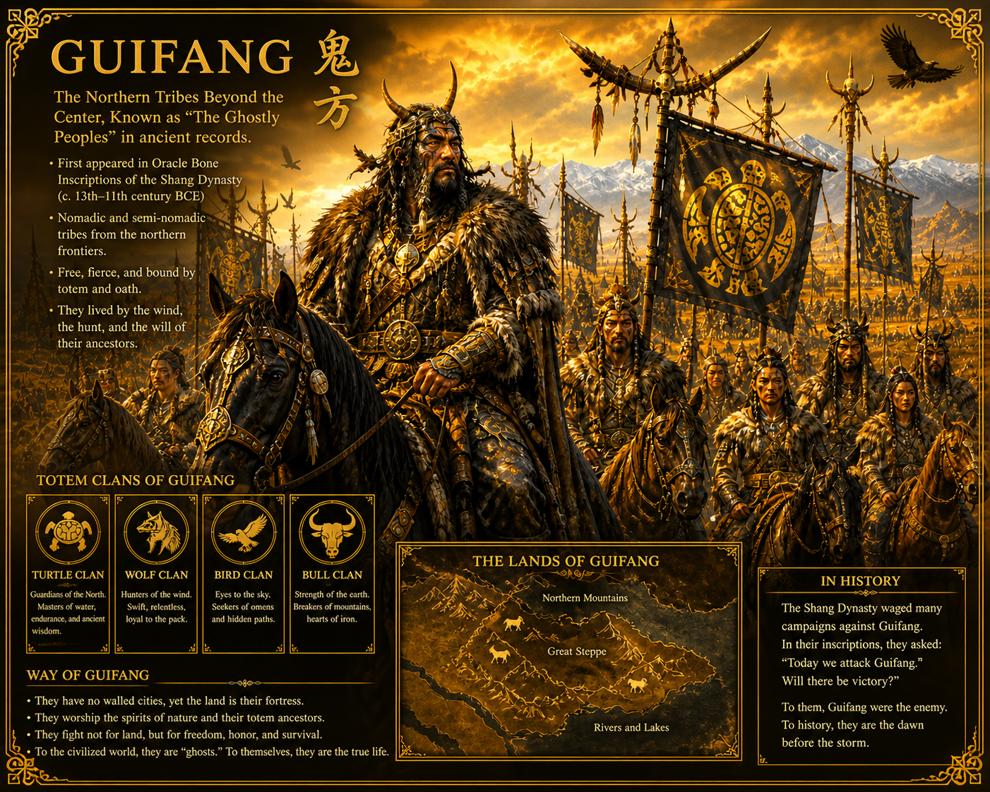 Guifang — Northern tribes of the steppe (ca. 13th–11th century BCE), known from Shang records. Seen as enemies in early inscriptions, but in truth part of a separate nomadic world—mobile, clan-based, and bound to land, sky, and ancestral tradition.