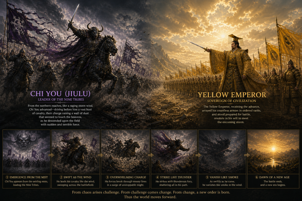 Chi You (Jiulu): From the northern reaches, like a raging storm wind, Chi You advanced— driving before him a vast host of cavalry, their charge raising a wall of dust that seemed to touch the heavens, as he descended upon the field with sudden and terrible force. Yellow Emperor: The Yellow Emperor, receiving the advance, arrayed his countless armies in ordered ranks, and stood prepared for battle, resolute in his will to meet the oncoming storm.